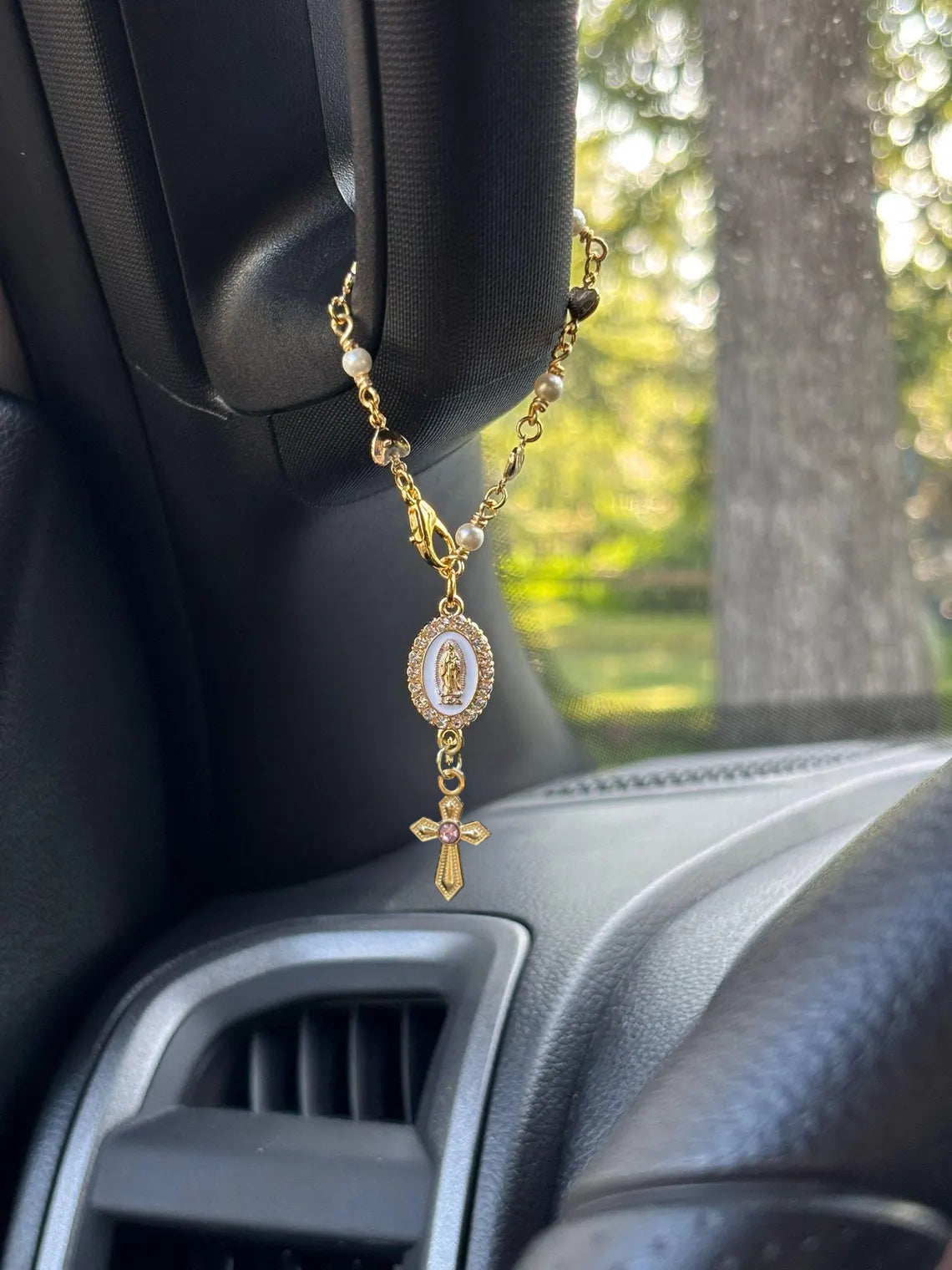 Heart & Pearl Steering Wheel Rosary Charm - Custom Car Accessory