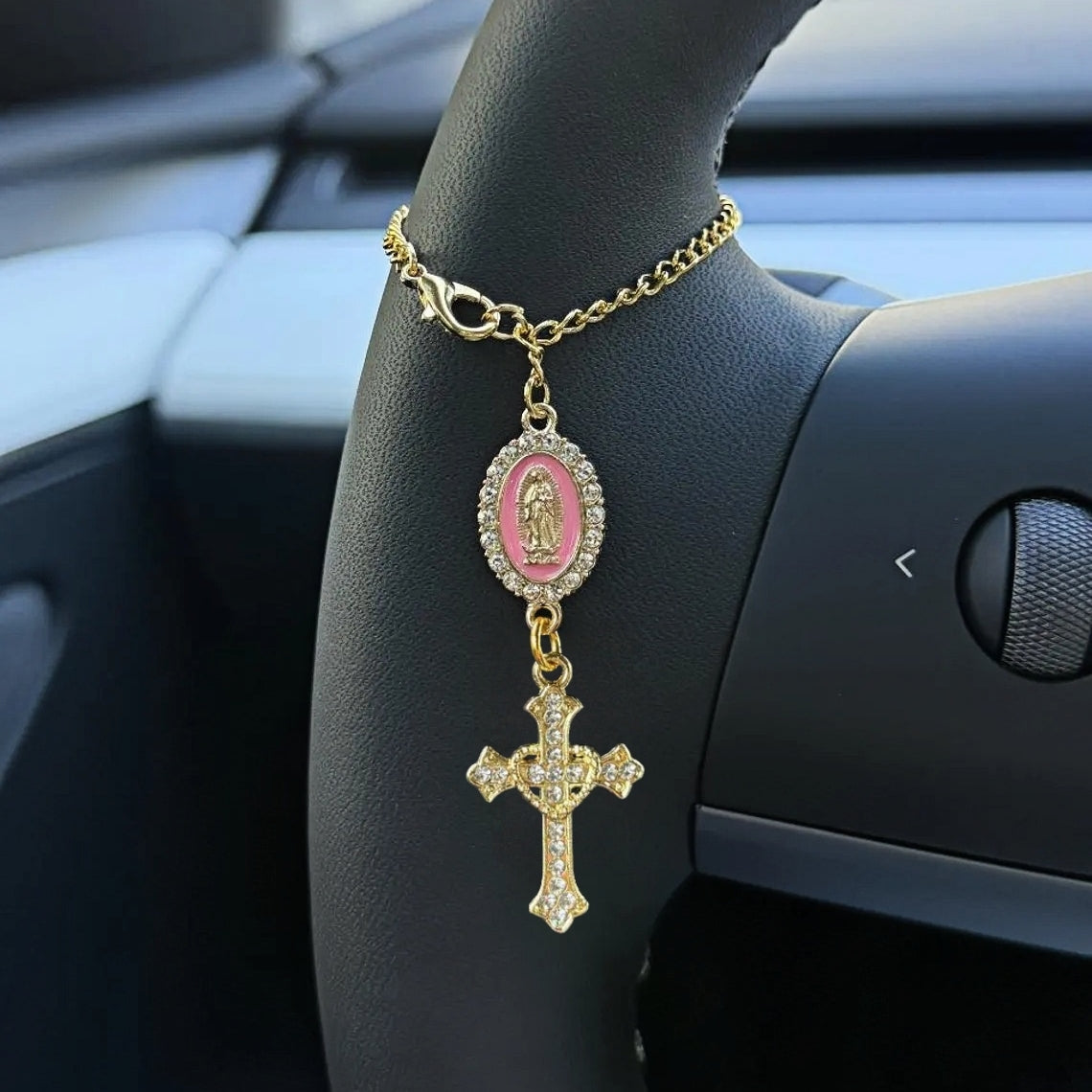 Custom Virgin Mary Rosary Car Charm – Faithful Steering Wheel Accessory