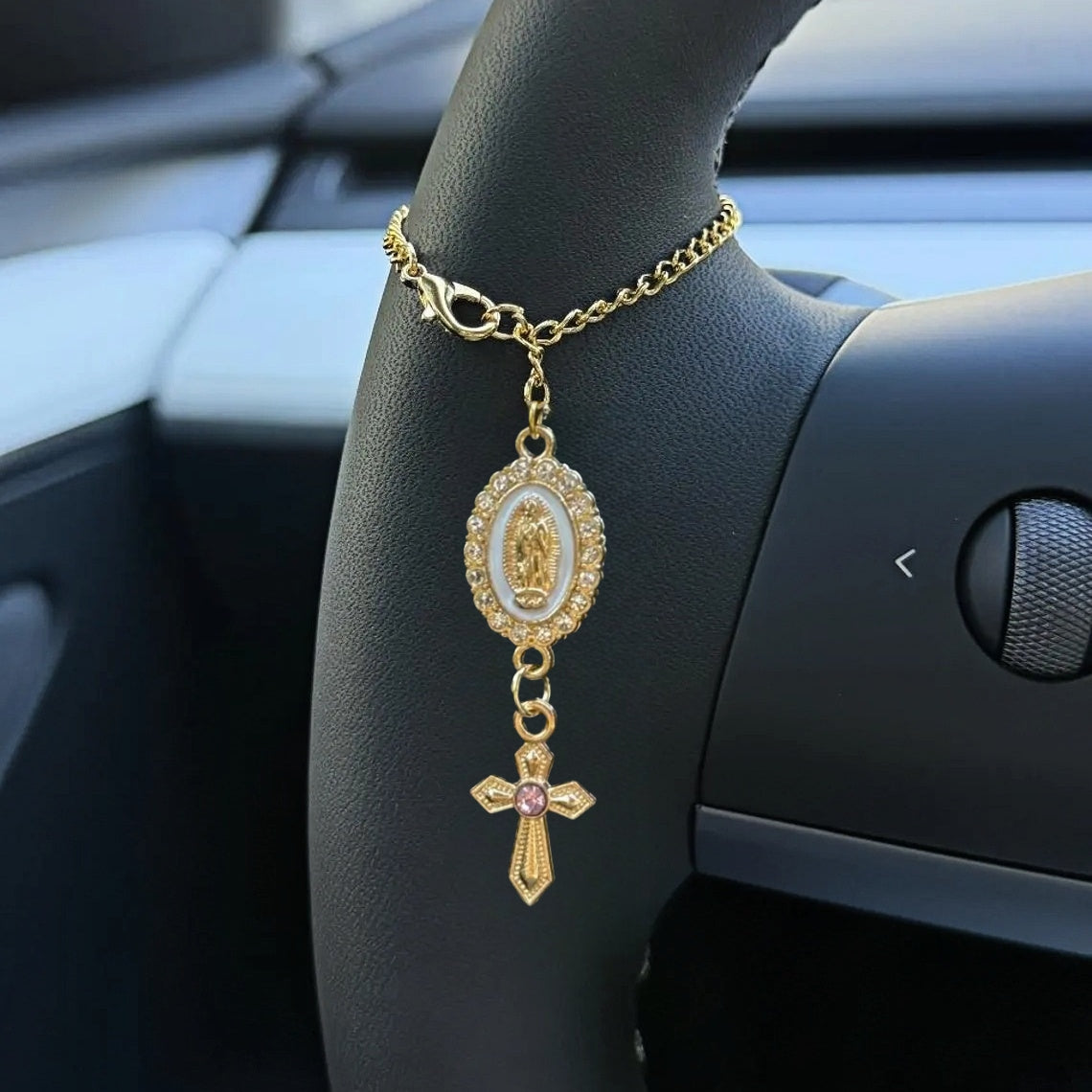 Custom Virgin Mary Rosary Car Charm – Faithful Steering Wheel Accessory