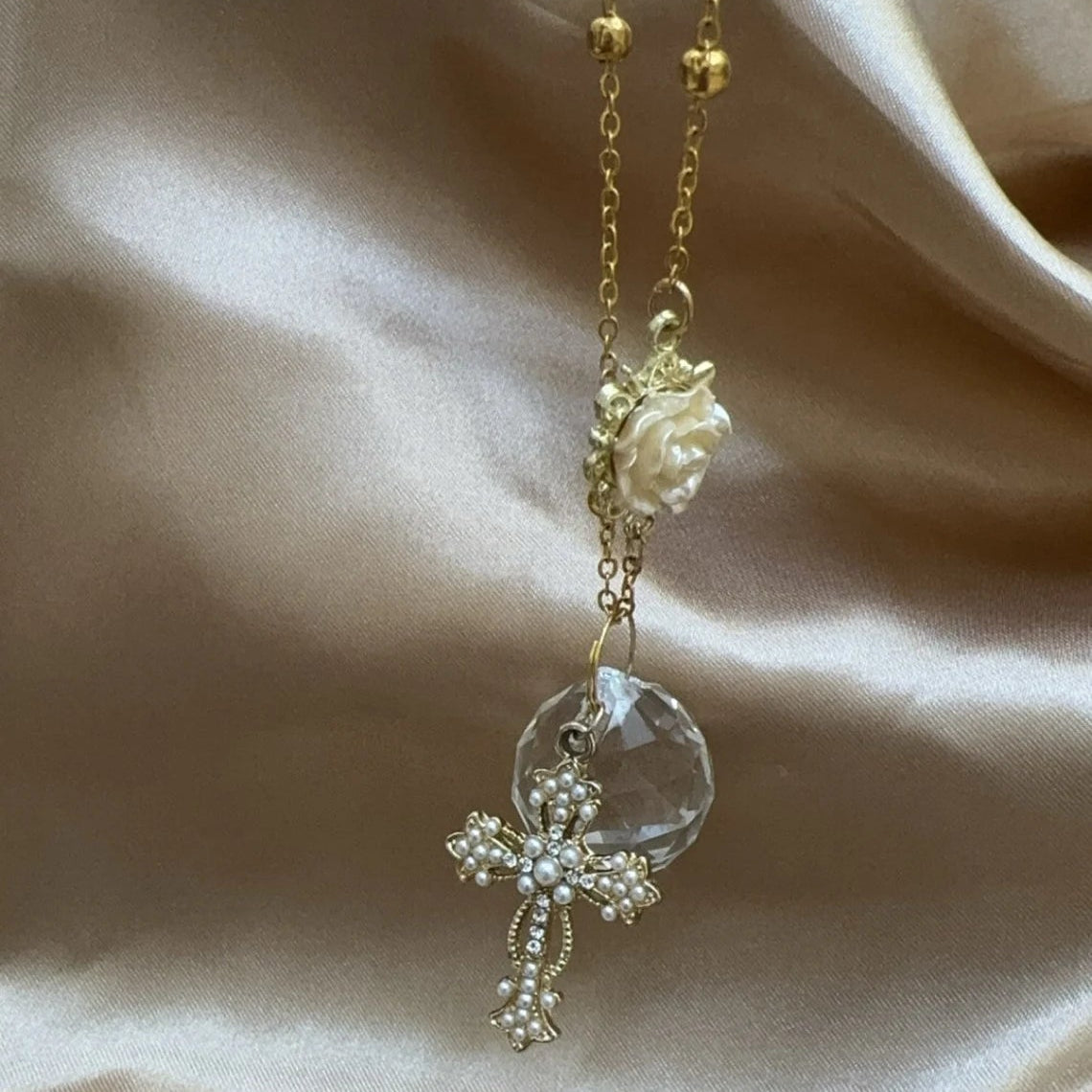 Custom Cross & Rose Car Suncatcher – Rainbow Maker Charm Decor