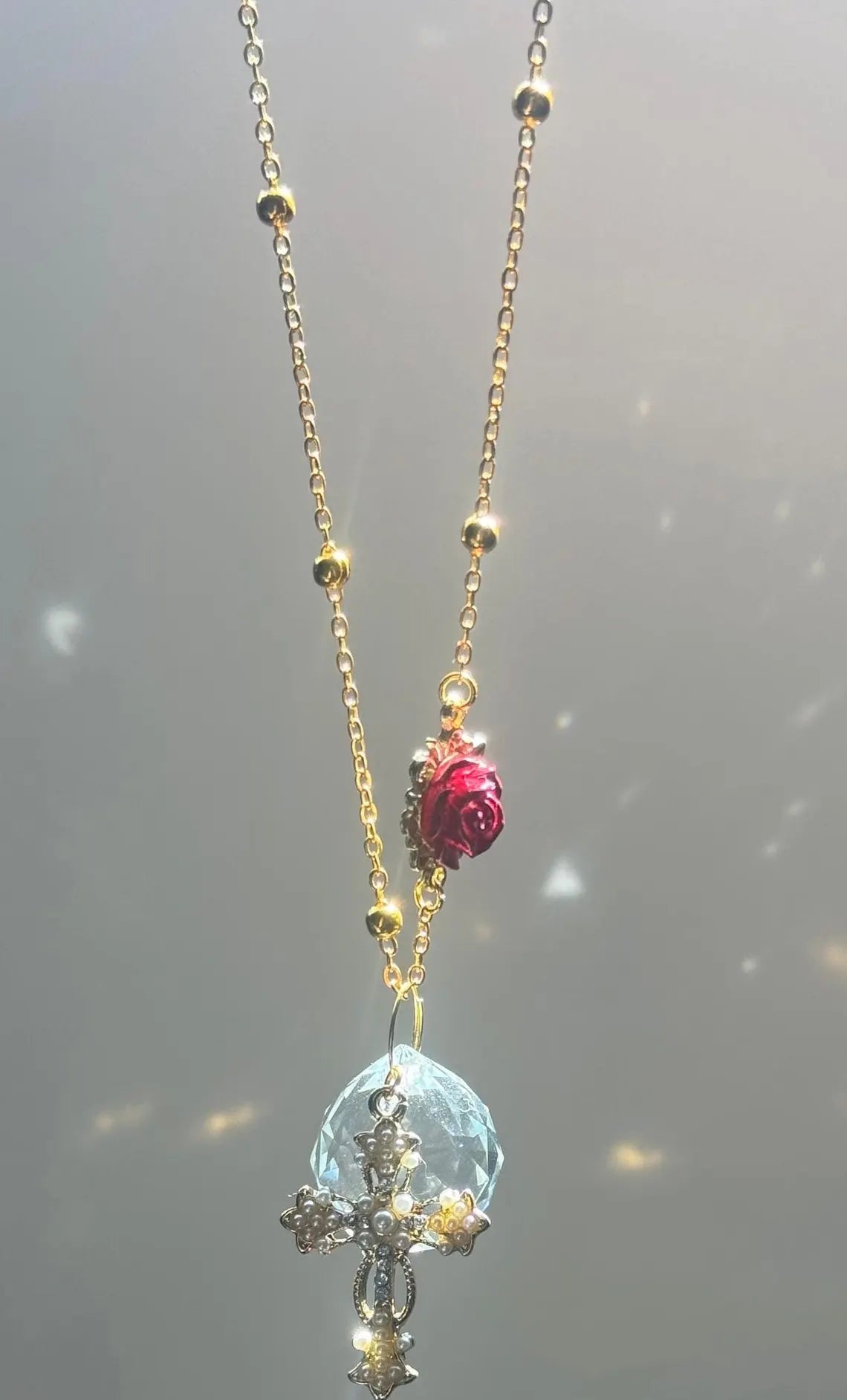 Custom Cross & Rose Car Suncatcher – Rainbow Maker Charm Decor