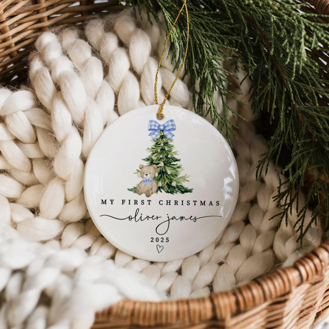 Personalized Baby’s First Christmas Ceramic Ornament – Teddy Bear & Tree