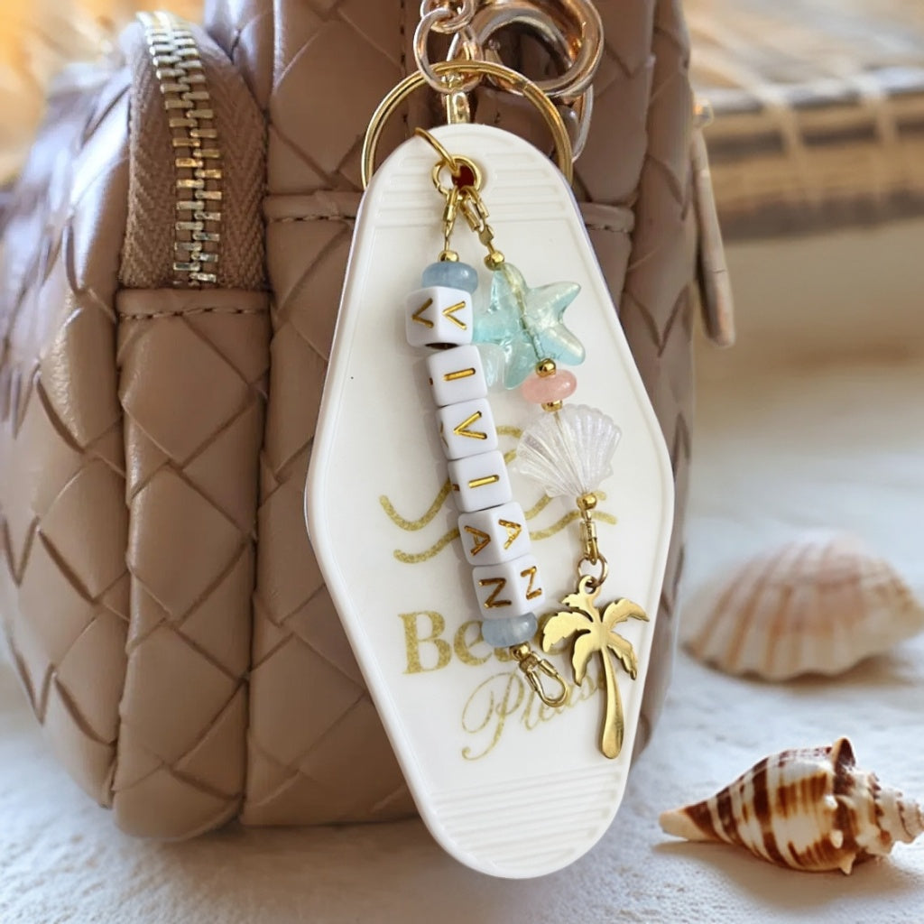 Personalized Name Beach Motel Bag chain with Seashell, Palm Tree & Retro Charm