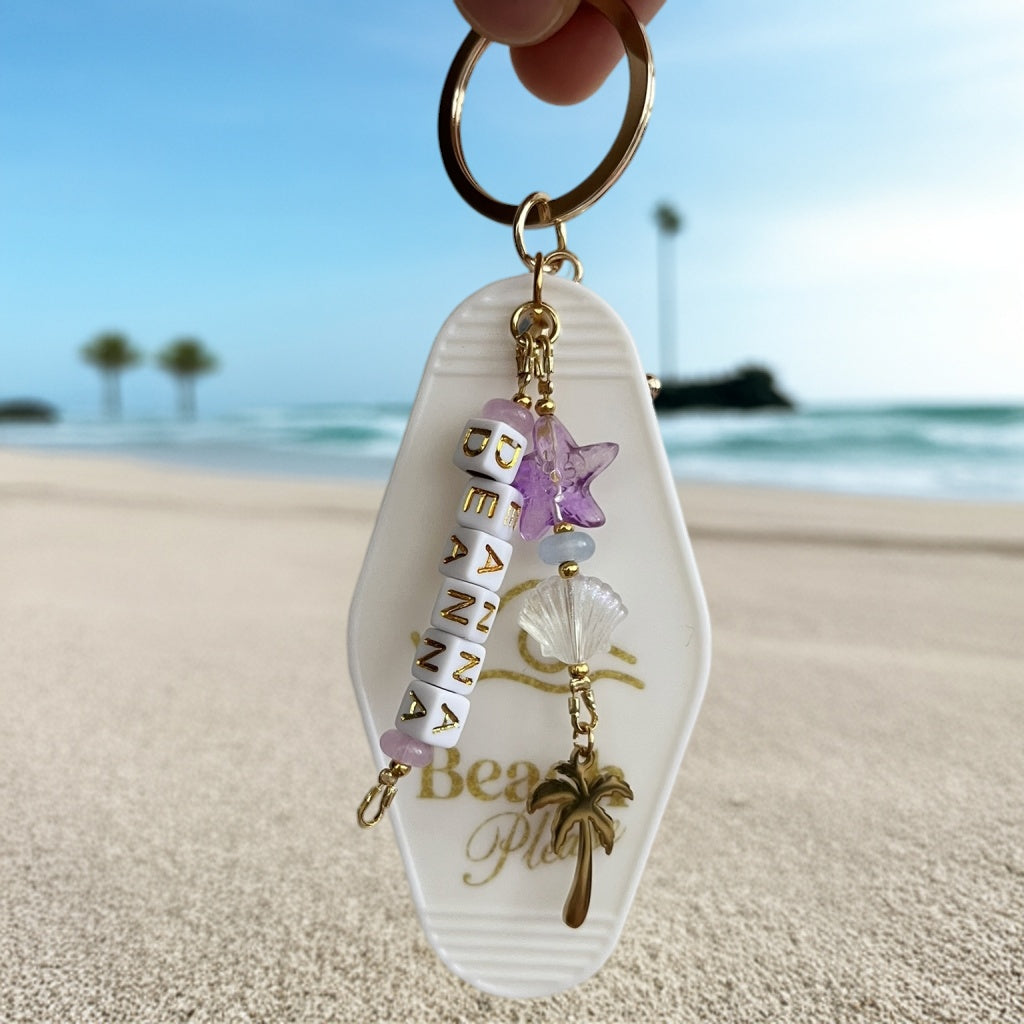 Personalized Name Beach Motel Bag chain with Seashell, Palm Tree & Retro Charm