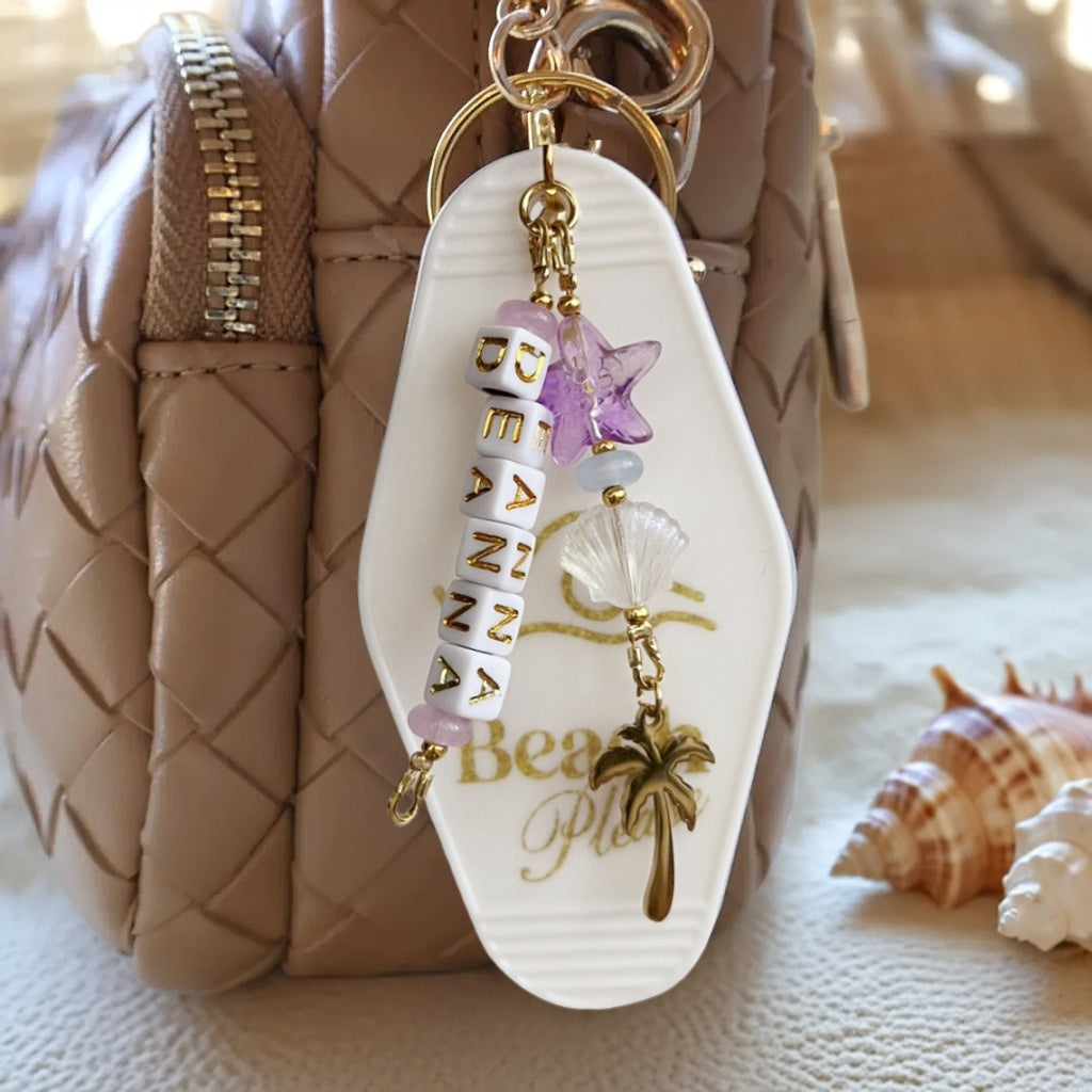 Personalized Name Beach Motel Bag chain with Seashell, Palm Tree & Retro Charm