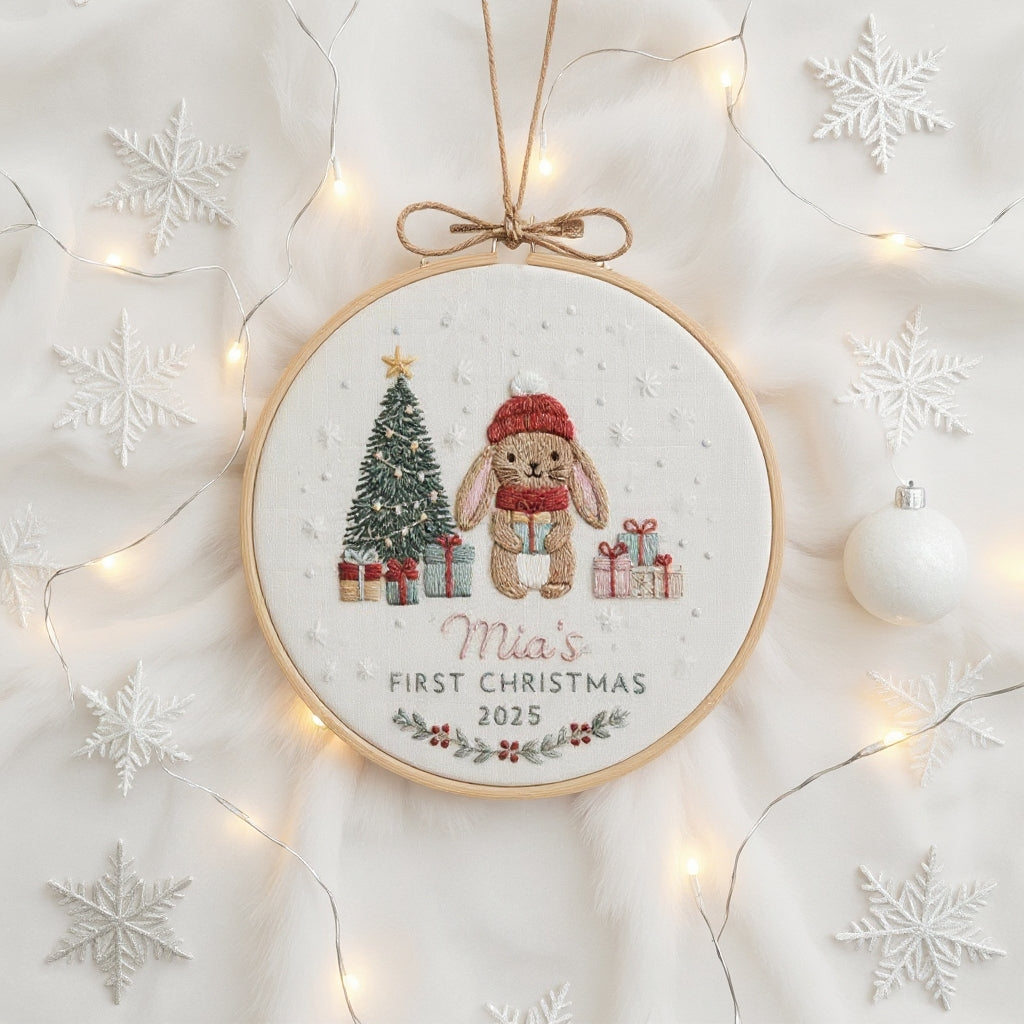 Baby’s First Christmas Ornament – Hand Embroidered Personalized Gift