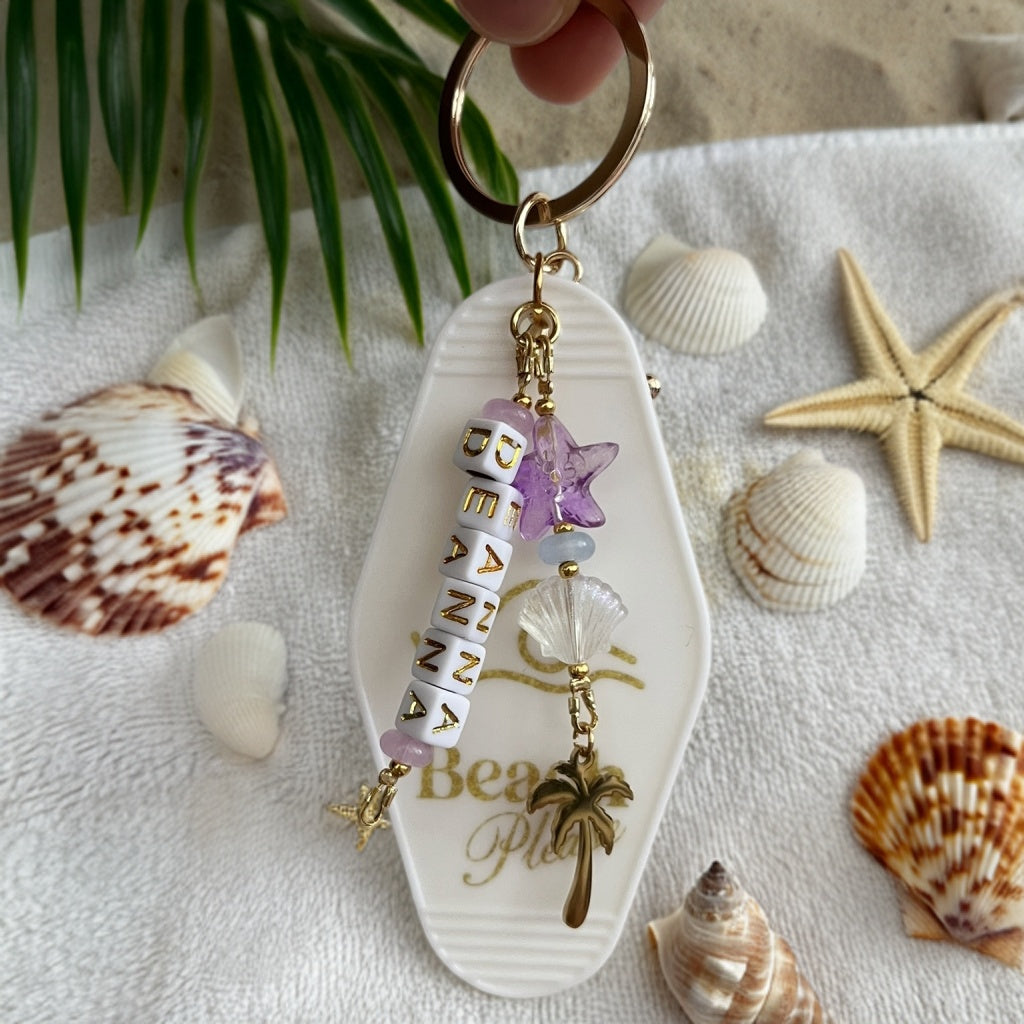 Personalized Name Beach Motel Bag chain with Seashell, Palm Tree & Retro Charm