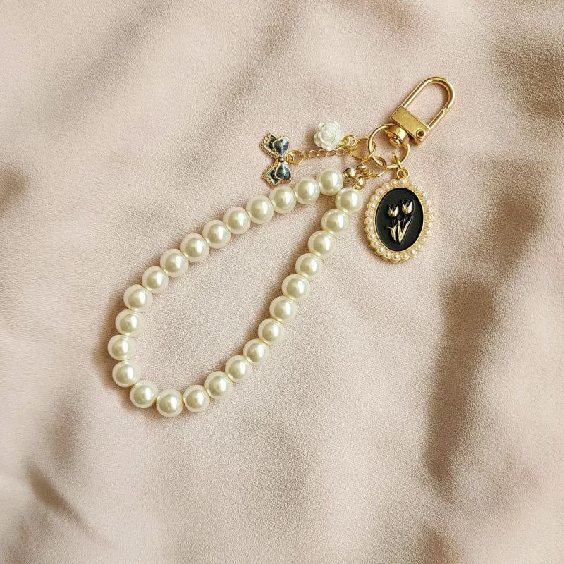 Vintage Pearl Wristlet Keychain – Coquette Bag Charm with Custom Letter