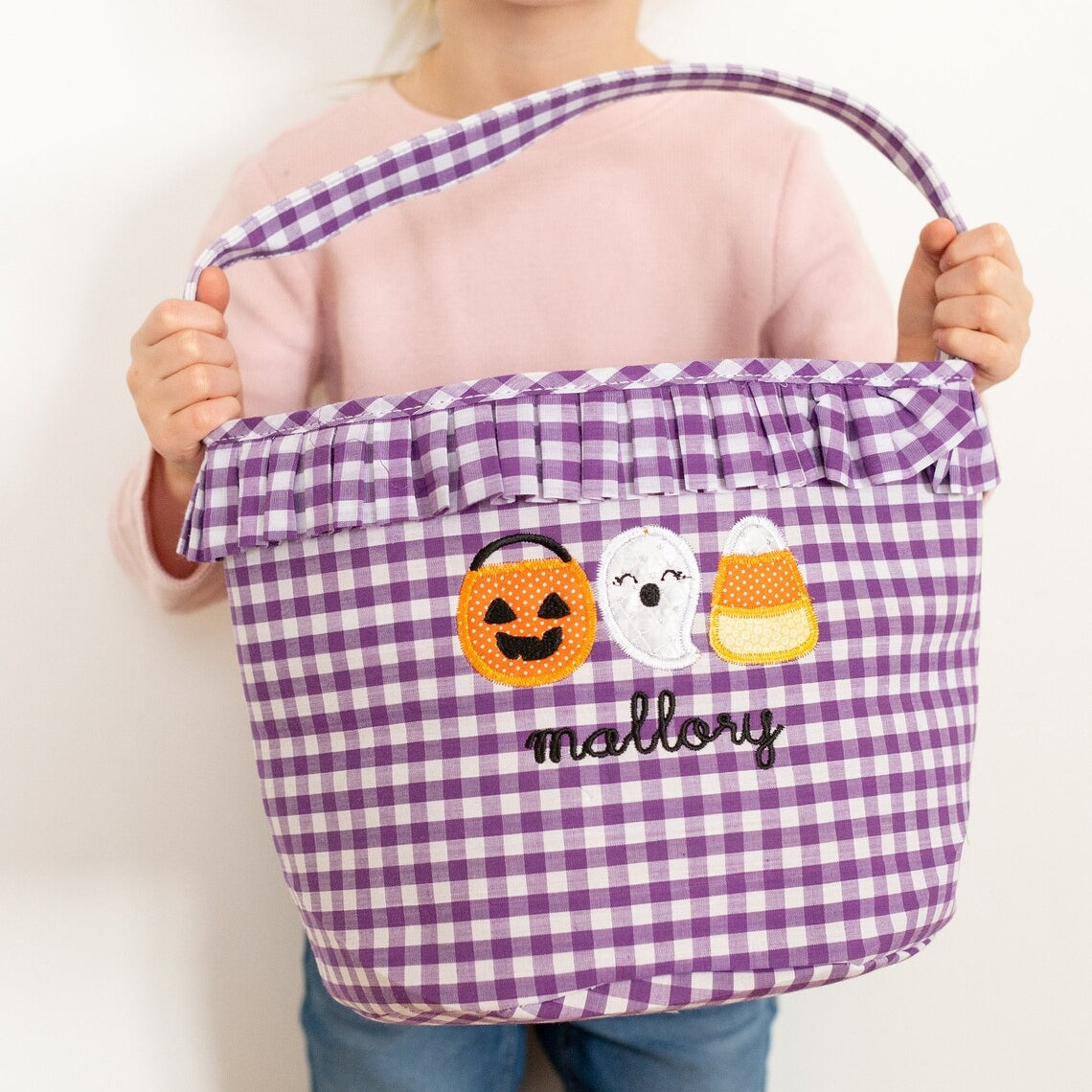 Girls Personalized Halloween Trick or Treat Bag – Gingham Candy Basket