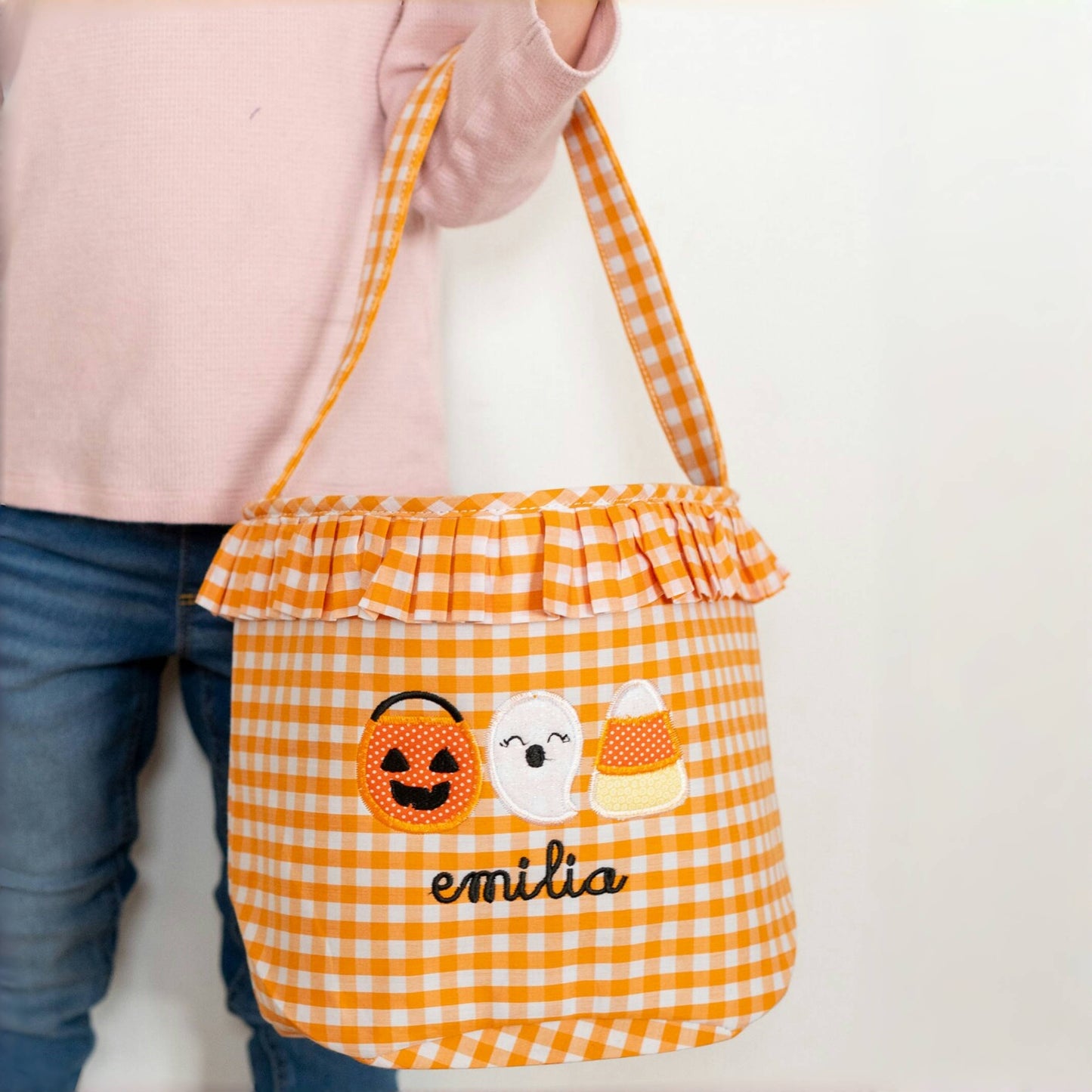 Girls Personalized Halloween Trick or Treat Bag – Gingham Candy Basket