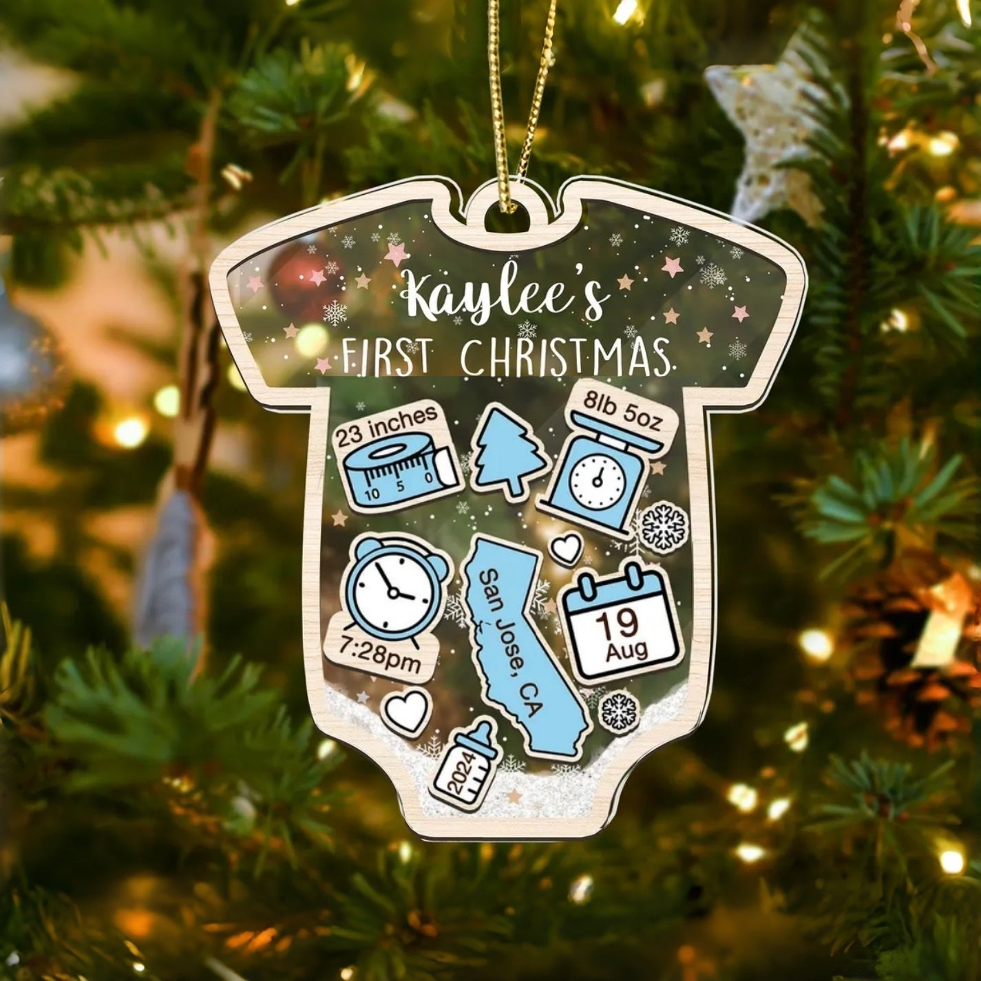 Personalized Baby's First Christmas Ornament 2025 – Custom 4D Shaker Onesie Ornament