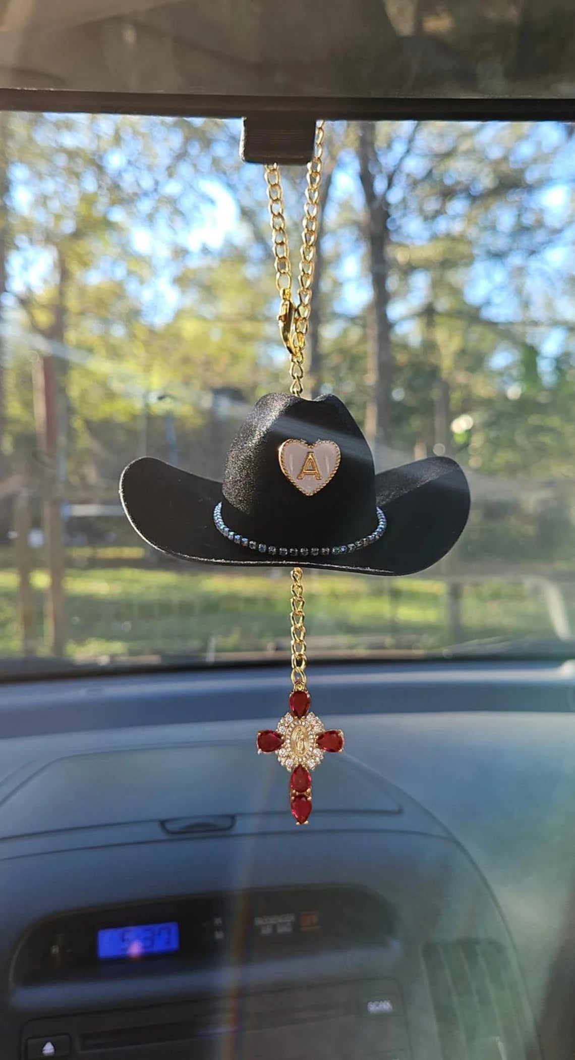 Cowboy Hat Virgin Mary Car Charm – Personalized Rearview Accessory
