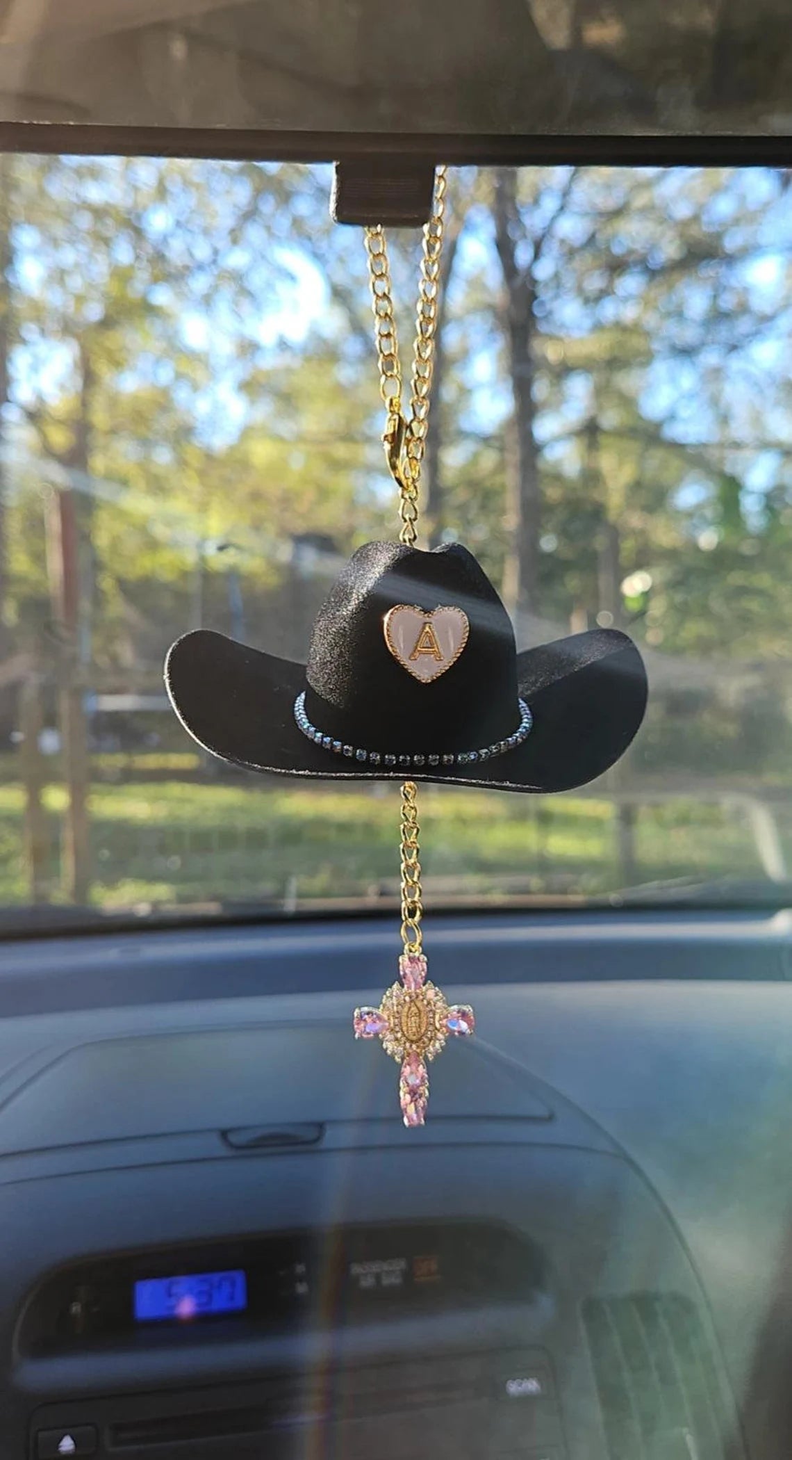 Cowboy Hat Virgin Mary Car Charm – Personalized Rearview Accessory