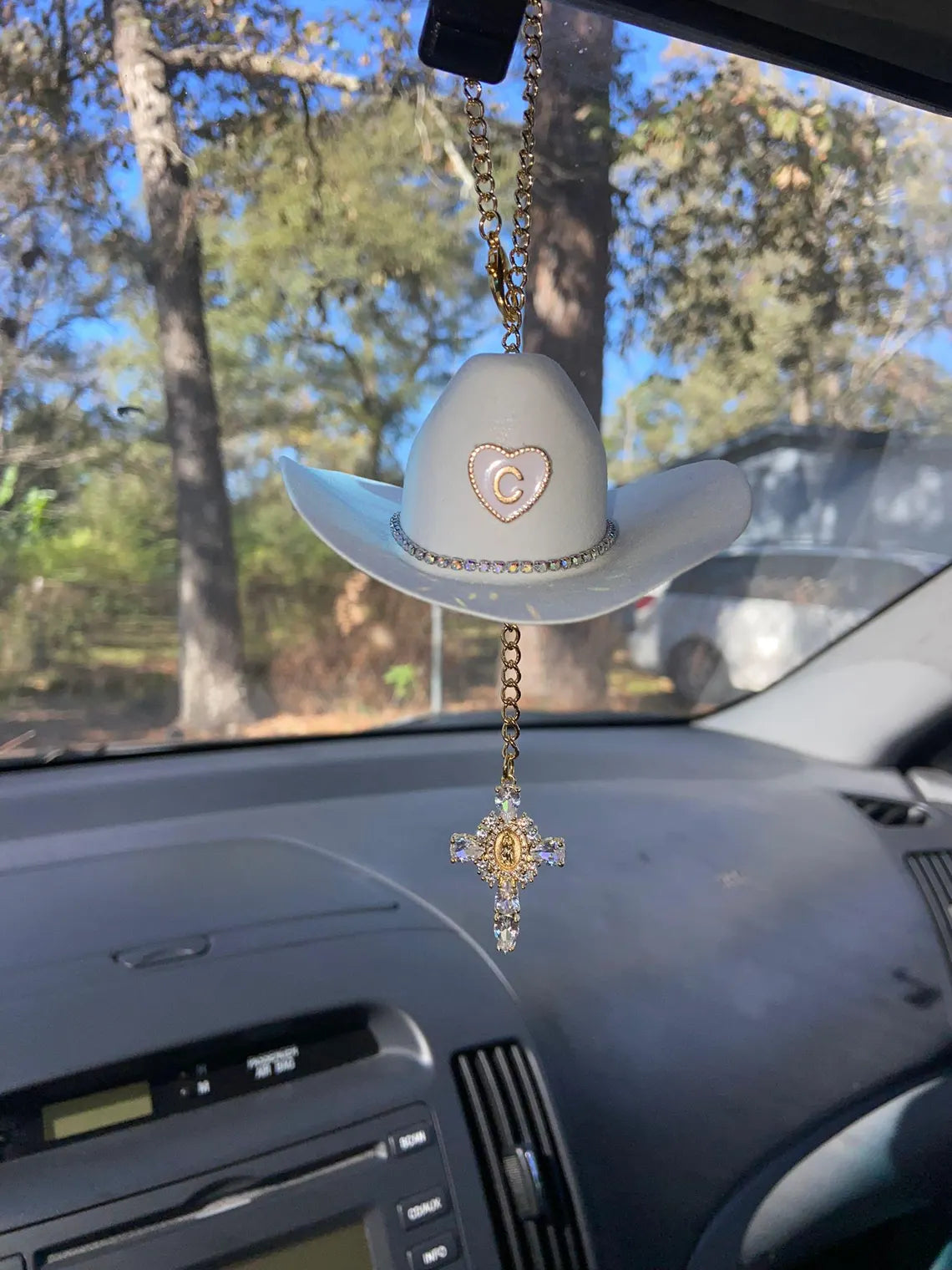 Cowboy Hat Virgin Mary Car Charm – Personalized Rearview Accessory