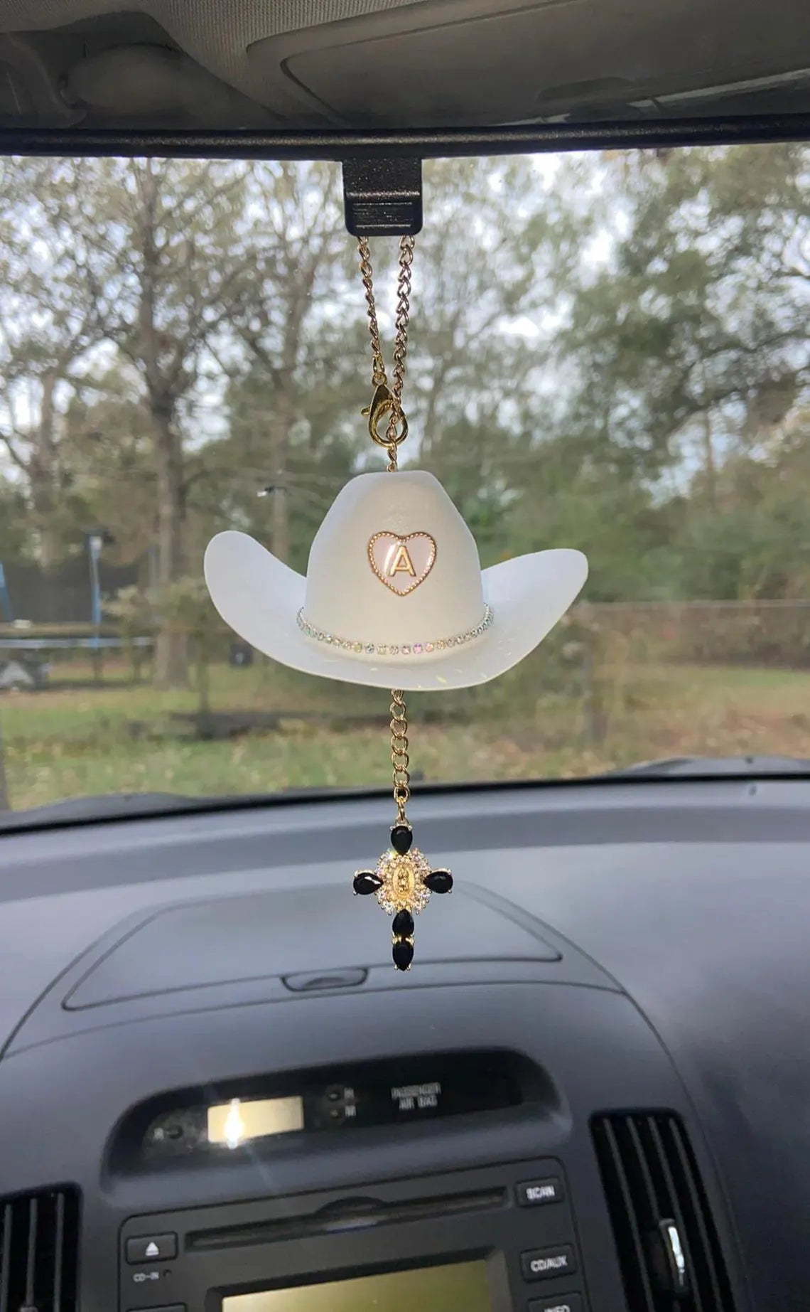 Cowboy Hat Virgin Mary Car Charm – Personalized Rearview Accessory