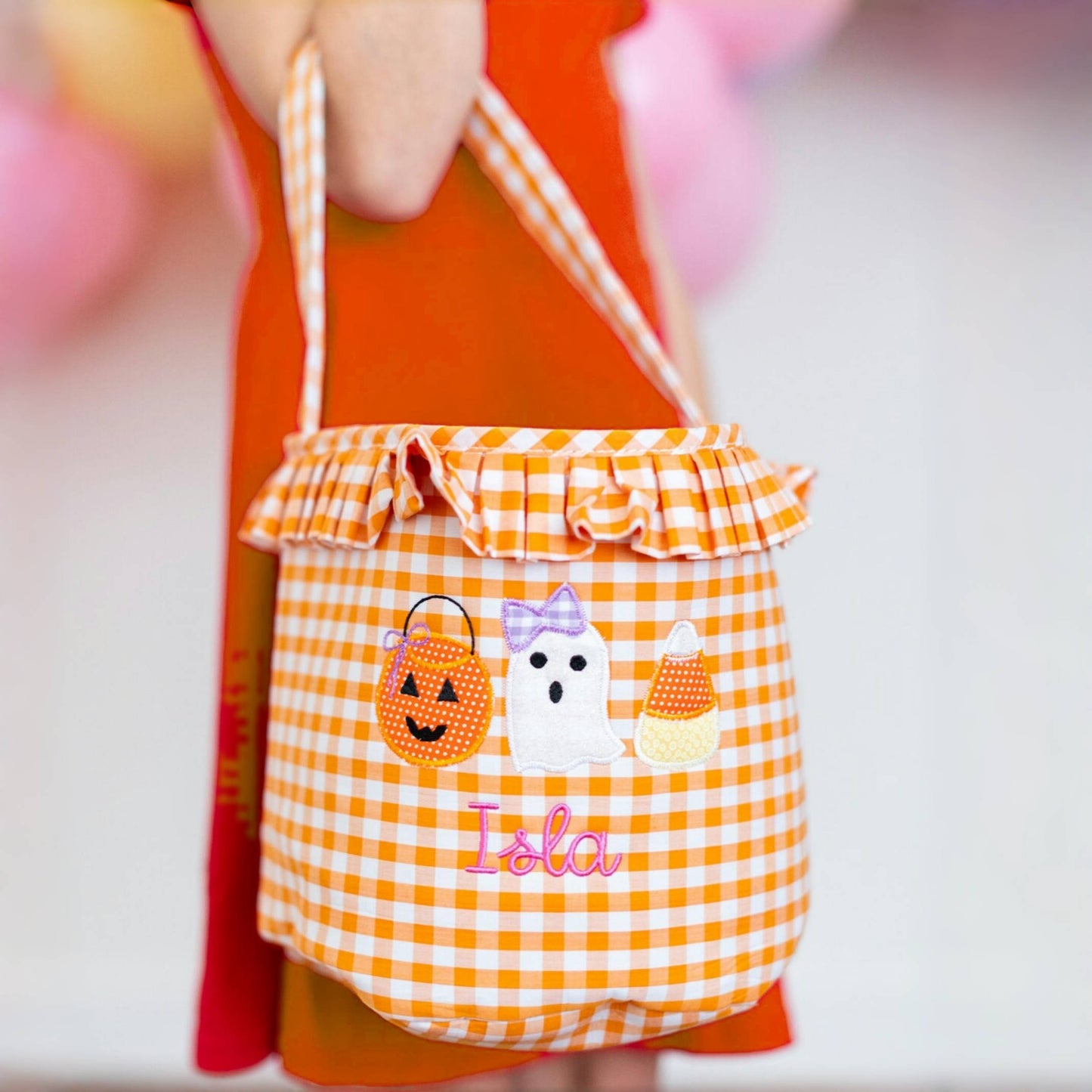 Girls Personalized Halloween Trick or Treat Bag – Gingham Candy Basket