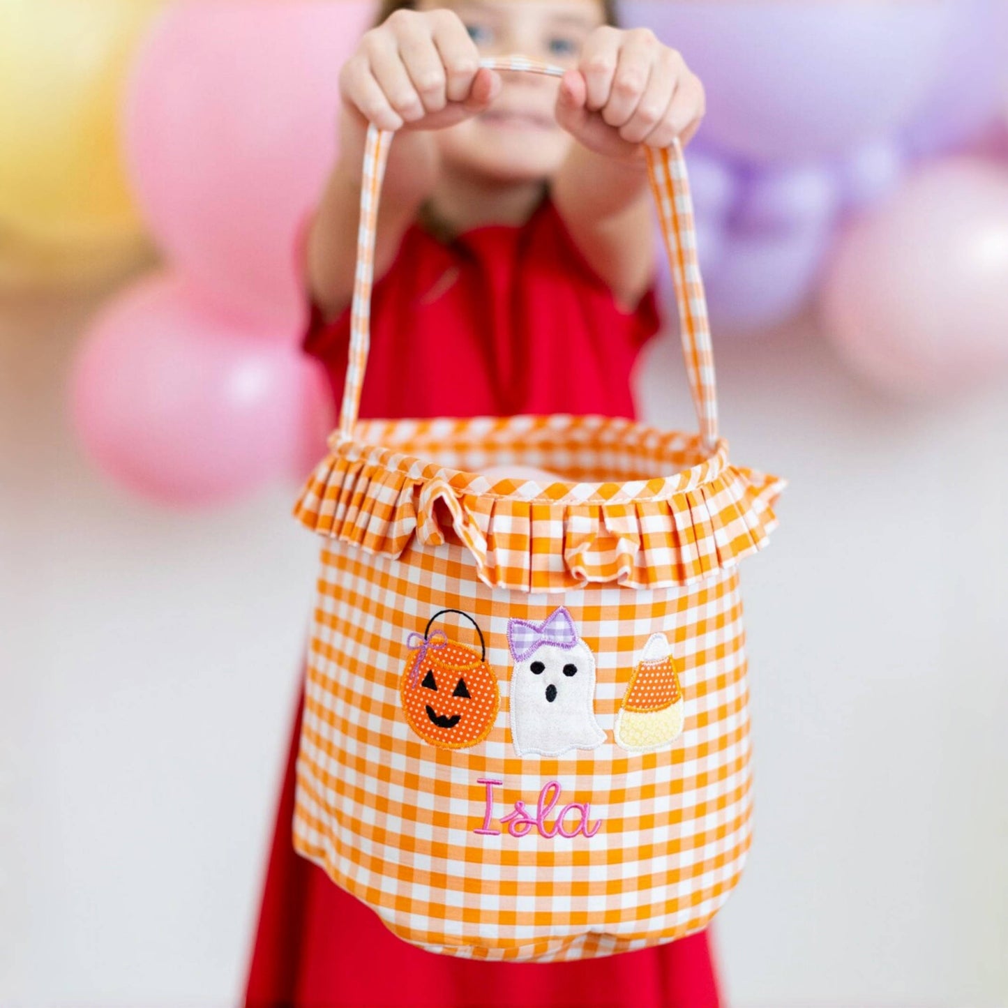 Girls Personalized Halloween Trick or Treat Bag – Gingham Candy Basket