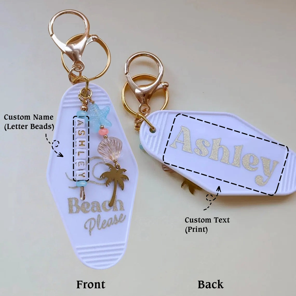 Personalized Name Beach Motel Bag chain with Seashell, Palm Tree & Retro Charm