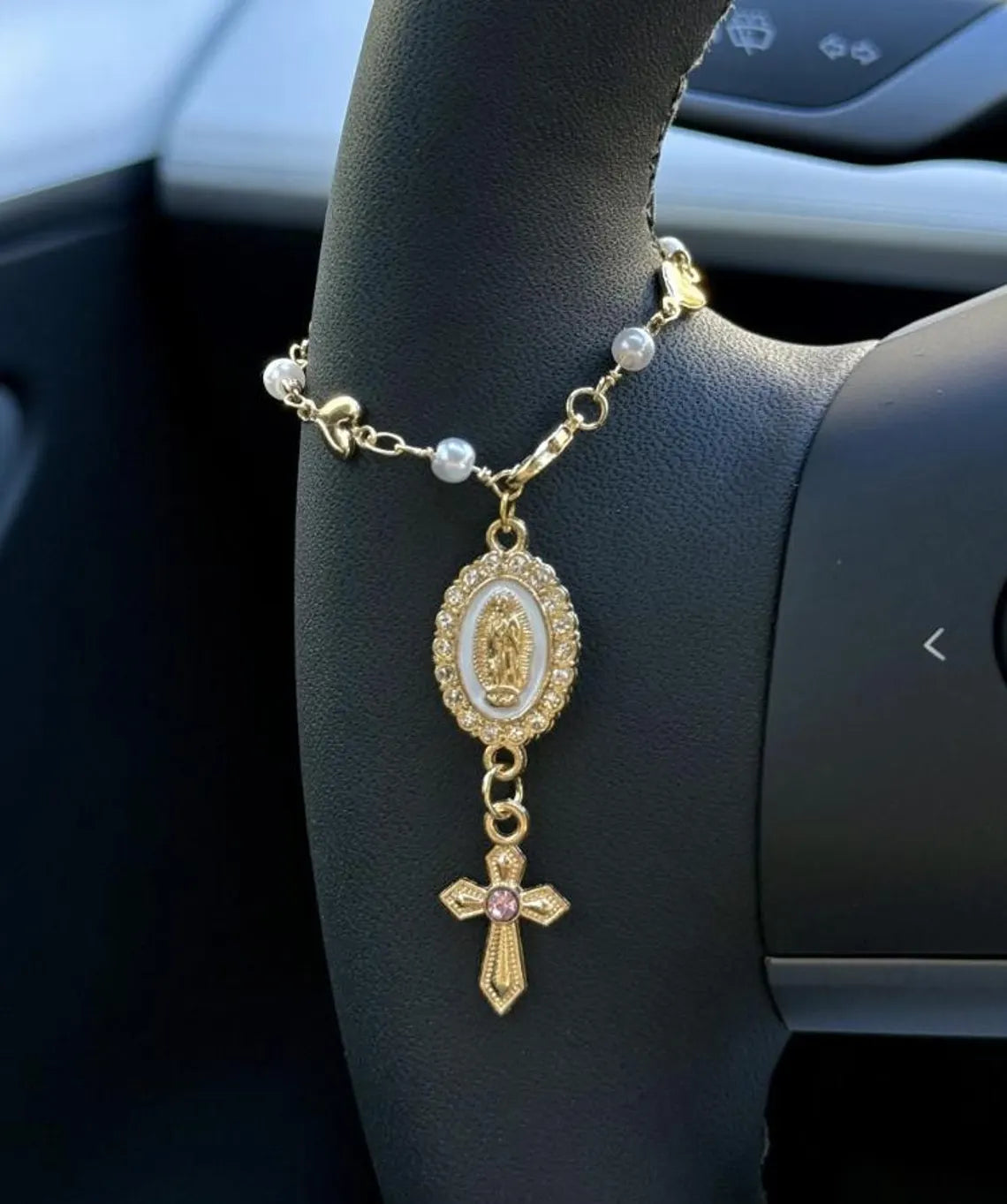 Heart & Pearl Steering Wheel Rosary Charm - Custom Car Accessory