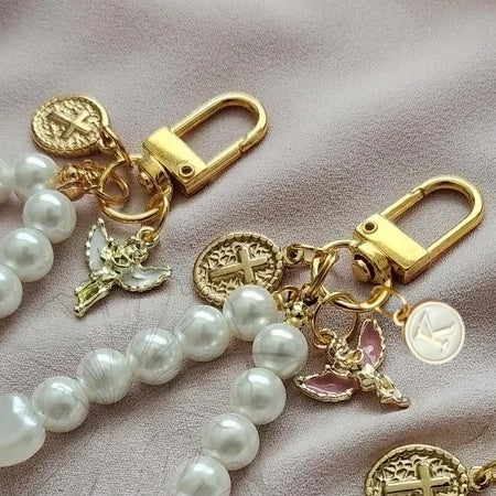 Pearl Wristlet Keychain – Faith Charm Accessory with Custom Initial