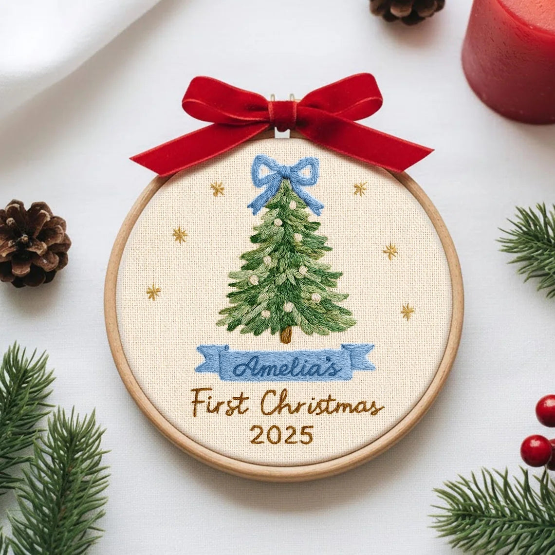 Personalized Baby’s First Christmas Embroidery Ornament – Pink or Blue Bow