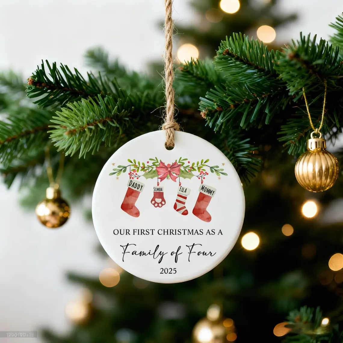 Our First Christmas Ceramic Ornament – Custom Family & Pet Keepsake 2–6 Members