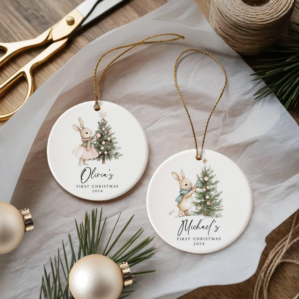 Personalized Baby’s First Christmas Ceramic Ornament – Bunny & Tree Design