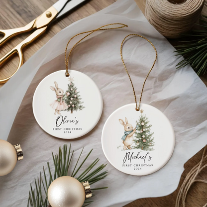 Personalized Baby’s First Christmas Ceramic Ornament – Bunny & Tree Design