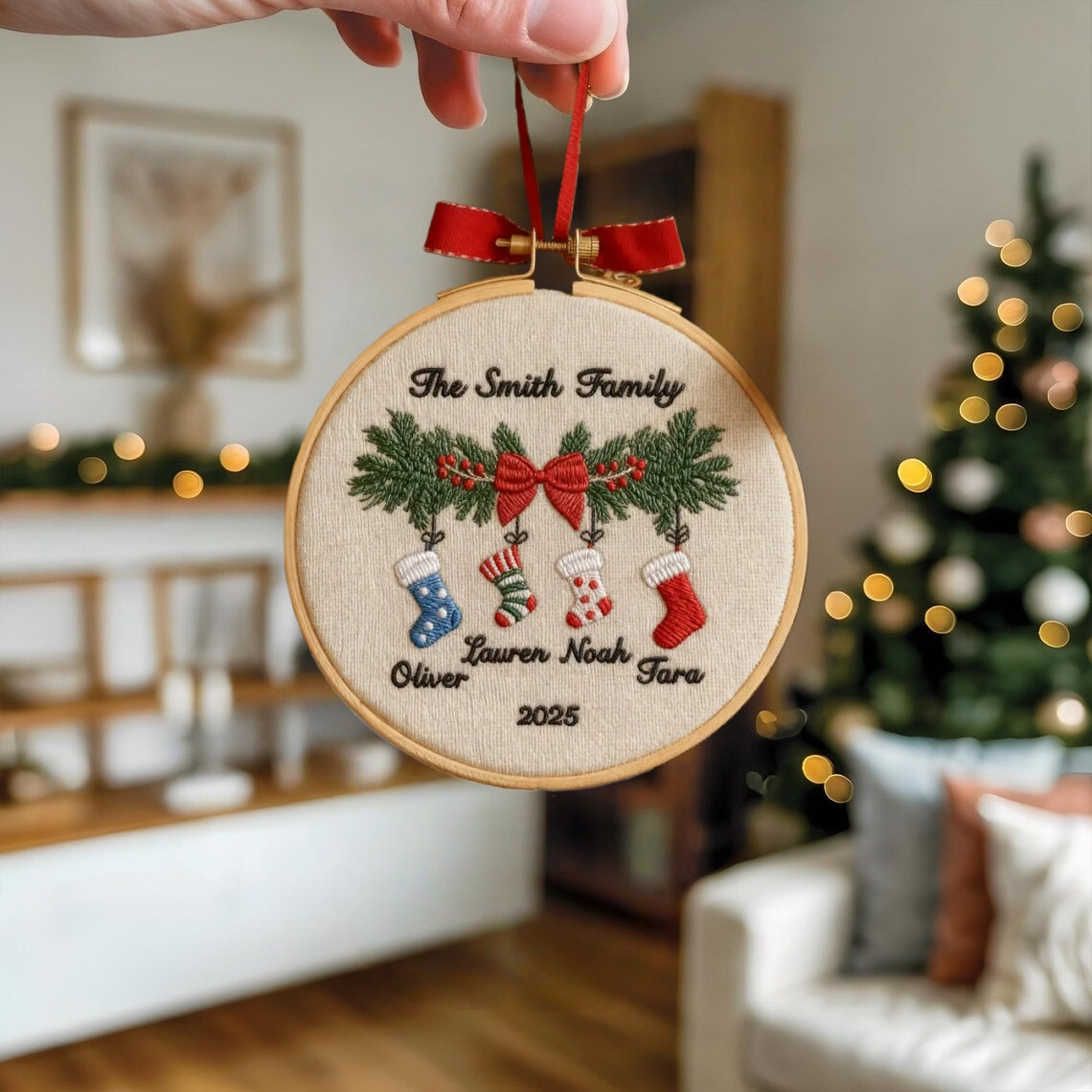 Personalized Family Christmas Embroidery Ornament 2025 | Stockings on Mantel