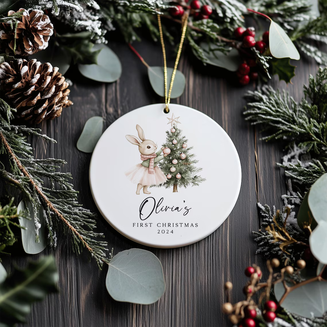 Personalized Baby’s First Christmas Ceramic Ornament – Bunny & Tree Design