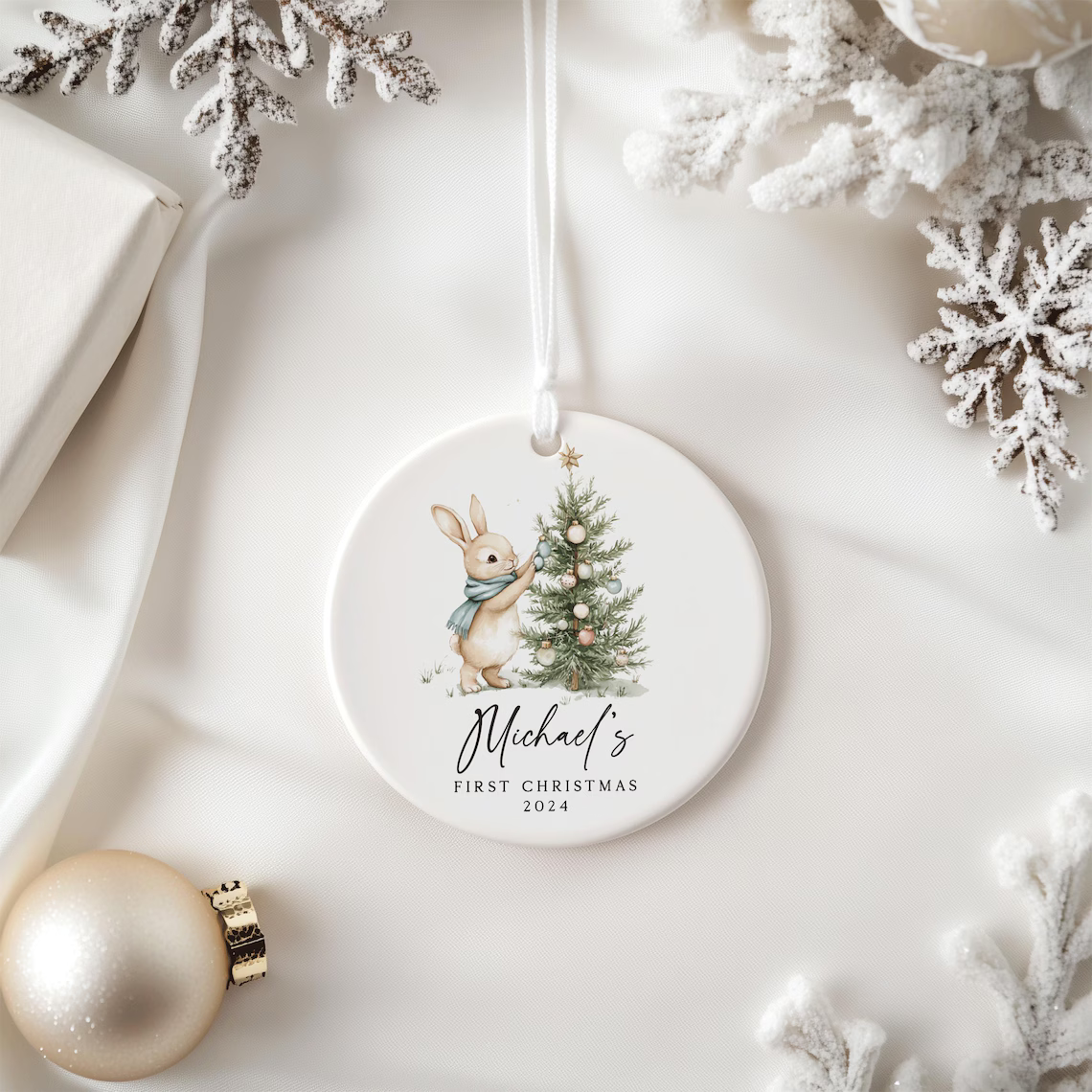 Personalized Baby’s First Christmas Ceramic Ornament – Bunny & Tree Design