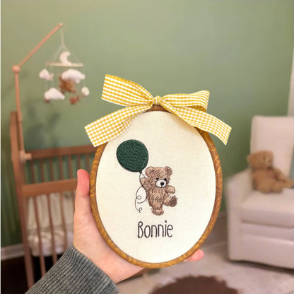 Oval Baby Name Embroidered Sign – Personalized Teddy & Balloon Décor