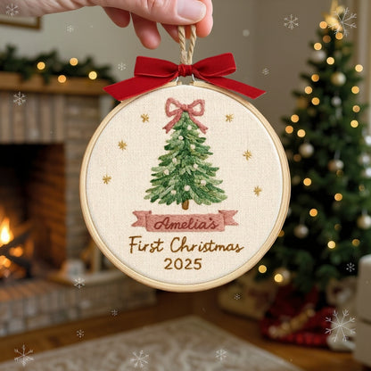 Personalized Baby’s First Christmas Embroidery Ornament – Pink or Blue Bow