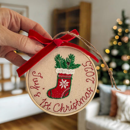 Personalized Embroidered First Christmas Ornament | Rocking Horse & Snowman