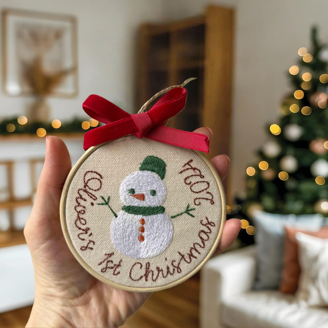 Personalized Embroidered First Christmas Ornament | Rocking Horse & Snowman