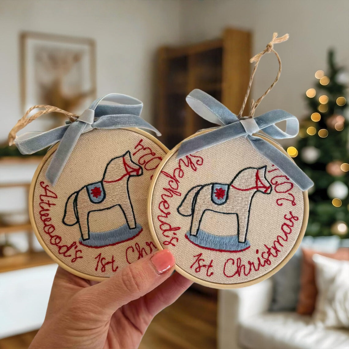 Personalized Embroidered First Christmas Ornament | Rocking Horse & Snowman