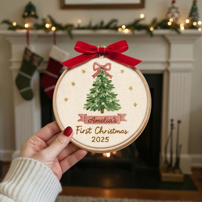 Personalized Baby’s First Christmas Embroidery Ornament – Pink or Blue Bow