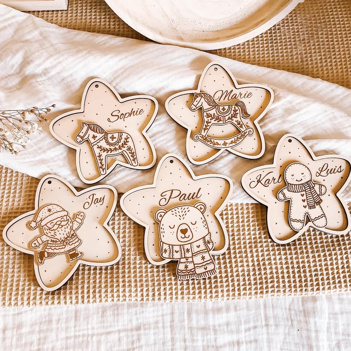 Personalized Star Christmas Ornament – Santa, Bear, Horse & Gingerbread