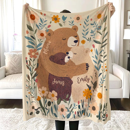 Personalized Mama Bear Flower Blanket – Custom Gift for Mom & Grandma