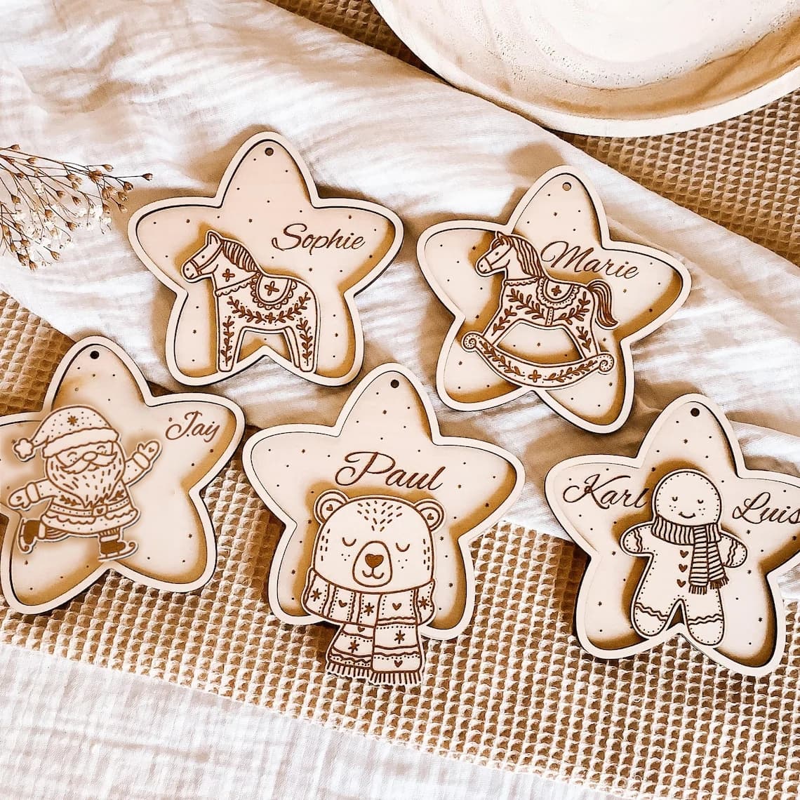 Personalized Star Christmas Ornament – Santa, Bear, Horse & Gingerbread