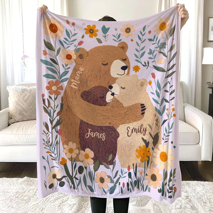 Personalized Mama Bear Flower Blanket – Custom Gift for Mom & Grandma
