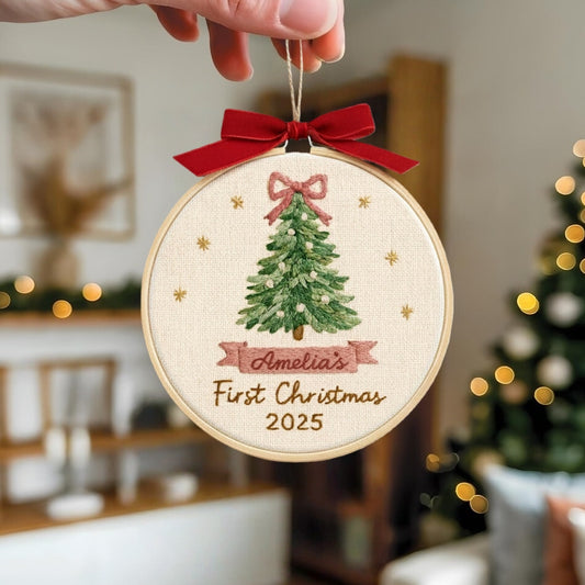Personalized Baby’s First Christmas Embroidery Ornament – Pink or Blue Bow