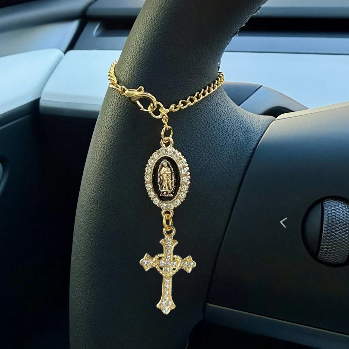 Virgin Mary Rosary Car Charm – Faithful Steering Wheel Accessory