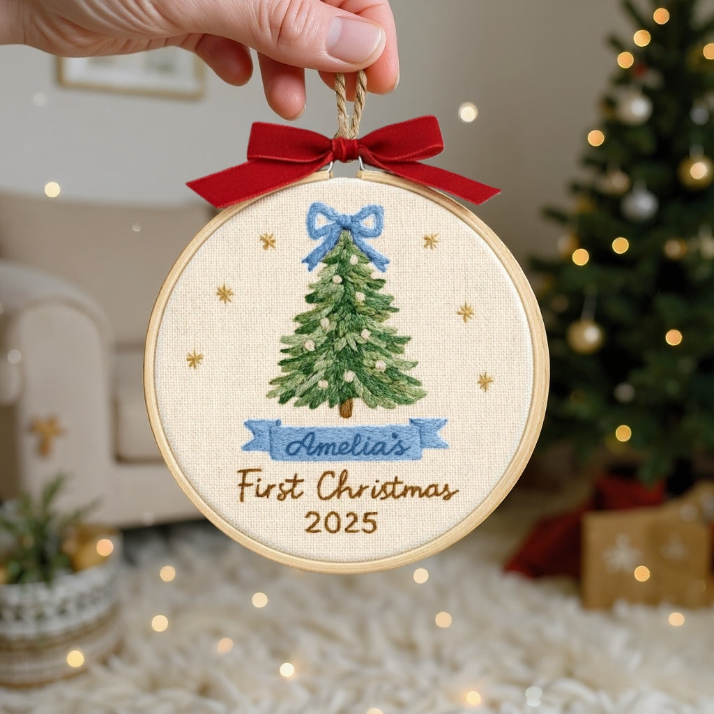 Personalized Baby’s First Christmas Embroidery Ornament – Pink or Blue Bow