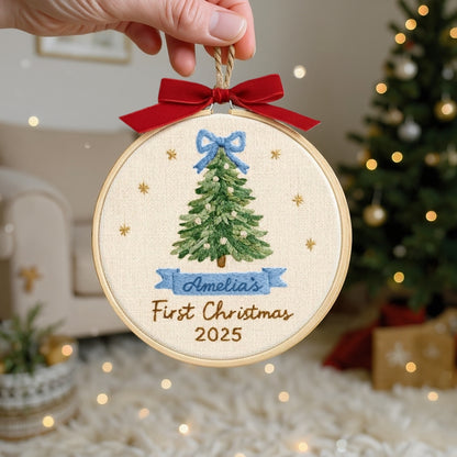 Personalized Baby’s First Christmas Embroidery Ornament – Pink or Blue Bow
