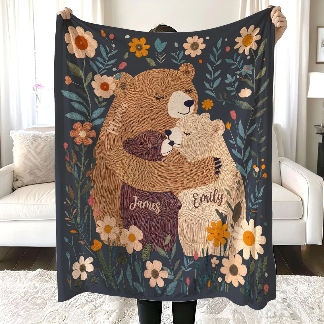 Personalized Mama Bear Flower Blanket – Custom Gift for Mom & Grandma