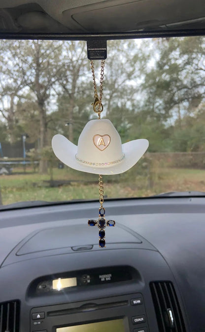 Mini Cowgirl Hat Car Charm – Custom Crystal Cross & Initial