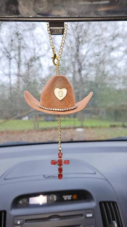 Mini Cowgirl Hat Car Charm – Custom Crystal Cross & Initial