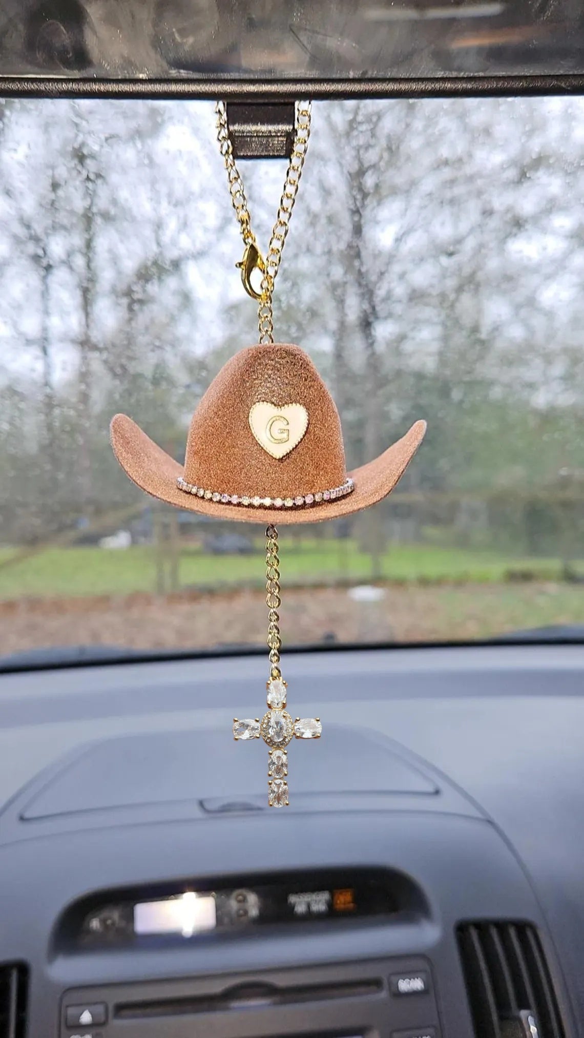Mini Cowgirl Hat Car Charm – Custom Crystal Cross & Initial