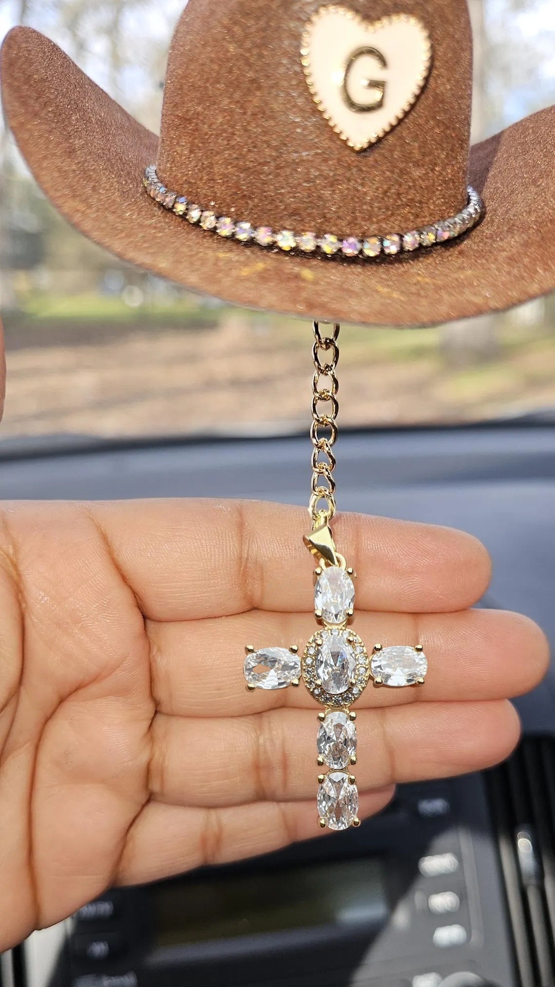 Mini Cowgirl Hat Car Charm – Custom Crystal Cross & Initial